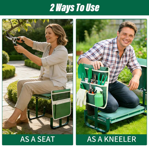 Two people using Adjustable Garden Kneeler And Seat With Foldable Frame Wide Kneeling Pad And Two Tool Pouches Five Height Settings