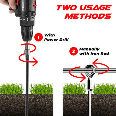 15 Inch Ground Anchors Screw In For Heavy Duty Wind Protection usage methods with power drill and iron rod for stability