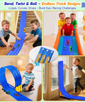 Children playing with 3 Lane Flexible Race Track For Kids With 15ft Bendable Ramp And Suction Cups Portable Roll Up Car Track