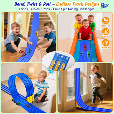 Children playing with 3 Lane Flexible Race Track For Kids With 15ft Bendable Ramp And Suction Cups Portable Roll Up Car Track