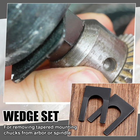 Heavy Duty Four Pack Drill Chuck Removal Wedge Set Compatible With Jt33 And Jt6 Arbors, No Sweat Keyless Chuck Extractor Tool Opens.72 Inch For Smooth Shop Renovations showing wedges in use with drill.