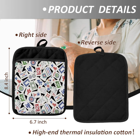 Funny Mahjong Inspired Pot Holders For Kitchen, front and reverse view, 8.6x6.7in cotton with Mahjong patterns, heat resistant