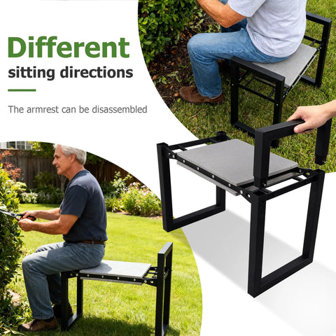 Heavy Duty Foldable Garden Kneeler and Seat with Handle, 12-Inch Wide Cushioned Kneeling Pad, shown in use by a senior.