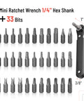 Tamper Proof Torx Bit Set With Mini Ratchet Wrench showing 34 Cr-V steel Torx bits from T4 to T40, 1/4-inch drive.