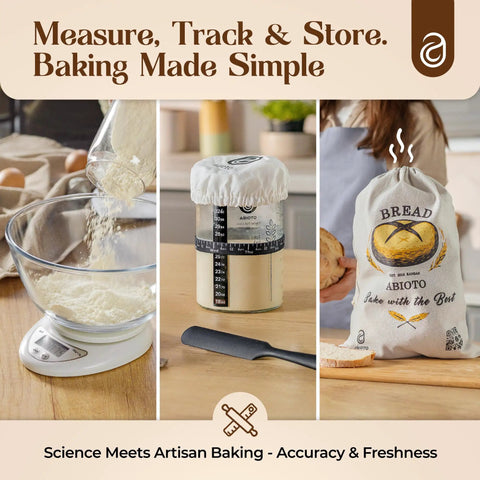 Starter Kit With Dutch Oven And Scale For Bread, showcasing scale, proofing jar, and bread bag on kitchen counter