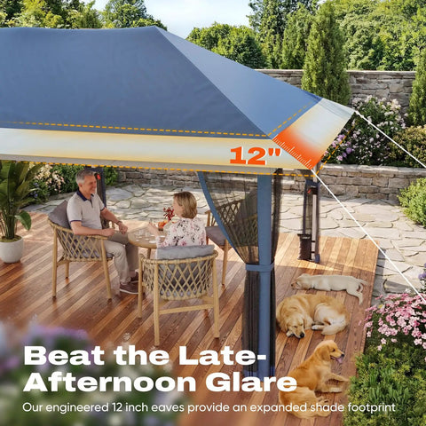 10x20Ft Pop Up Gazebo Canopy Tent One Person Setup Portable Instant Folding Shelter Outdoor Shade For Backyard Patio BBQs Parties Easy Center Hub Lock For Fast Setup providing shade over a wooden patio deck with people sitting underneath and dogs resting beside.