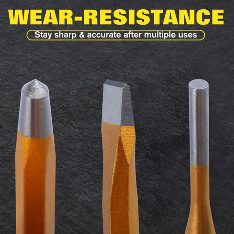 Close-up of 12 Piece Punch And Chisel Set Beefy Heavy Duty Heat Treated Metal Punches Including Cold Chisel Taper Punch Pin Punch