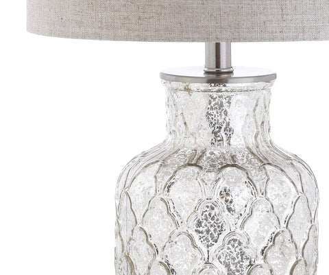 Close-up of Alvord Mercury Silver Quatrefoil Glass Table Lamp base with grey linen shade showing texture and silver finish