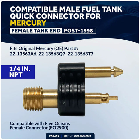 Brass Quarter Inch NPT Male Fuel Tank Connector For Mercury Outboard Engines Post 1998 Ethanol Ready Fuel Line Adapter Easy Hookup With FO2900 Female Connectors And Yamaha