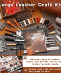 Leather tooling kit with cutting mats, stamping and punching tools, sewing implements, and thread spools.