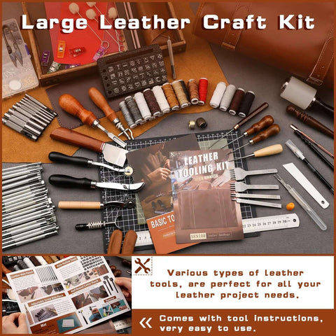 Leather tooling kit with cutting mats, stamping and punching tools, sewing implements, and thread spools.