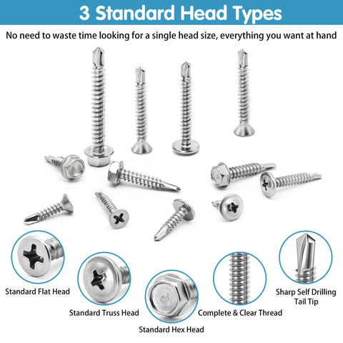 410 Stainless Steel Self Tapping Screws For Metal, Size 8 And Size 10 Self Drilling Assortment Set, various head types shown