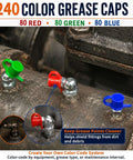 Heavy Duty 600 Pc Zerk Fittings Kit With Complete Sae Metric 1/4 And 1/8 Inch Set Plus Dust Caps And Wrenches For All Your Daily Machine Greasing Needs. Color grease caps on machine fittings, red green blue