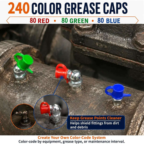 Heavy Duty 600 Pc Zerk Fittings Kit With Complete Sae Metric 1/4 And 1/8 Inch Set Plus Dust Caps And Wrenches For All Your Daily Machine Greasing Needs. Color grease caps on machine fittings, red green blue