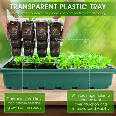 Seed Starter Tray With Grow Light Kit, 96-cell seedling trays with transparent plastic tray and humidity domes for indoor growing