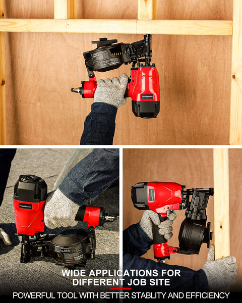 Worker using 15 Degree Roofing Nailer Coil Kit With 120 Nail Magazine And 240 Nails for shingle roof installation at a job site.