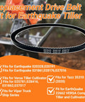 Replacement drive belt for Earthquake and Versa tillers, shown in garden scene, compatible with various models including 20343.