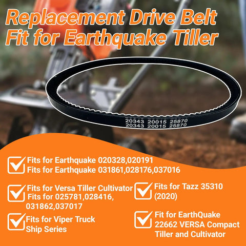 Replacement drive belt for Earthquake and Versa tillers, shown in garden scene, compatible with various models including 20343.