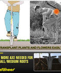 Long Handle Garden Shovel For Digging And Root Cutting With Serrated Blade demonstrating root cutting and transplanting use.