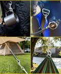 Badass Heavy Duty Swivel Flag Clips 4 Pack All Weather Zinc Alloy Snap Hooks attached to backpack, camera, tarp, and hammock.