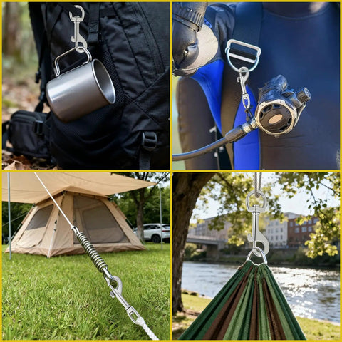 Badass Heavy Duty Swivel Flag Clips 4 Pack All Weather Zinc Alloy Snap Hooks attached to backpack, camera, tarp, and hammock.