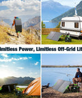 100W Portable Foldable Solar Panel For Power Stations And Generators Ideal For Outdoor Camping Van Life And RV Trips in various outdoor settings