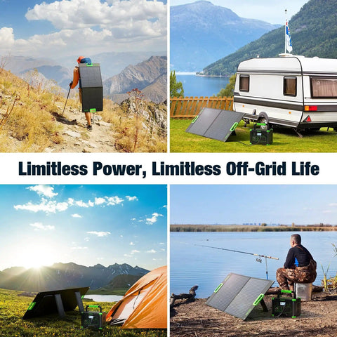 100W Portable Foldable Solar Panel For Power Stations And Generators Ideal For Outdoor Camping Van Life And RV Trips in various outdoor settings