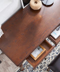 Retro Brown Computer Desk With Two Smooth As Butter Storage Drawers absolutely hella sturdy construction, top view of tabletop and drawers.