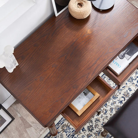 Retro Brown Computer Desk With Two Smooth As Butter Storage Drawers absolutely hella sturdy construction, top view of tabletop and drawers.