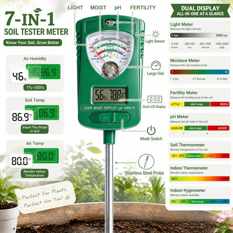 All In One 7 In 1 Soil Test Kit With Rotatable Head For Moisture Ph Fertility Light Intensity Soil Temperature And Air Humidity Digital Display Ideal For Garden Lawn Farm And Indoor Outdoor Plants, green probe