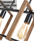 Close-up of 4 Light Farmhouse Pendant Lights For Kitchen Island Rustic Metal Rectangle Pendant Lighting Chandelier Style Cozy Vibe Over Table Dining Room Linear Lighting Brown Finish showing iron frame and faux wood finish