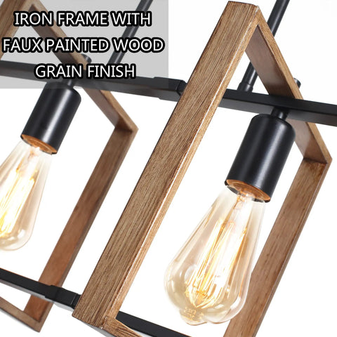 Close-up of 4 Light Farmhouse Pendant Lights For Kitchen Island Rustic Metal Rectangle Pendant Lighting Chandelier Style Cozy Vibe Over Table Dining Room Linear Lighting Brown Finish showing iron frame and faux wood finish