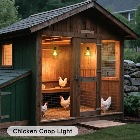 Solar Pendant Lights With Pull Cord And Remote For Outdoor Indoor Use, illuminating a wooden chicken coop from inside.