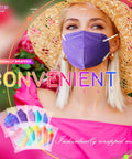 Woman wearing purple mask from KN95 Face Masks 60 Pack Individually Wrapped 5 Layer Colorful Disposable Masks For Adults Men Women