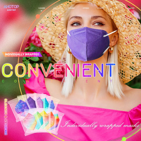 Woman wearing purple mask from KN95 Face Masks 60 Pack Individually Wrapped 5 Layer Colorful Disposable Masks For Adults Men Women