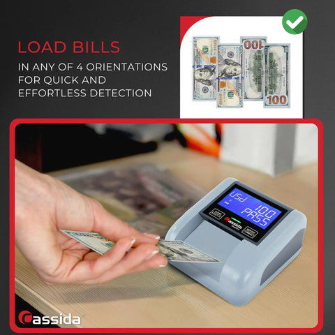 Fast Automatic Currency Counter And Counterfeit Detector With UV MG IR Sensors All Orientation Feeding Rechargeable Battery Pass Fail Detection 3.5 Inch Display High Accuracy And Low False Reject Rate with person loading bill