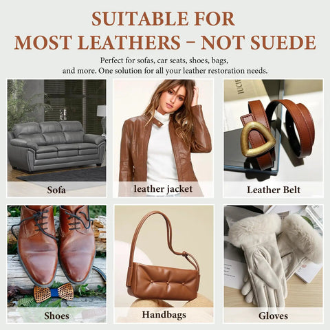 Premium Leather Recoloring Balm And Color Restorer Smooths Faded Couches Furniture Car Seats With Zero Hassle Scratch Repair Blend In Warm Tan Tone To Save Your Gear Fast in image showing various leather items.