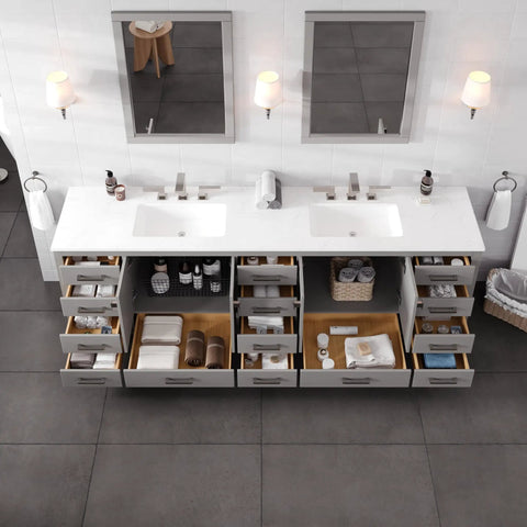 Top Shelf 96 Inch Gray Double Sink Bathroom Vanity With Durable Carrara Quartz Top And Undermount Porcelain Sinks Plus Flawless Brushed Nickel Hardware For Rapid Home Renovations, featuring organized storage drawers.