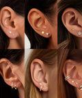 Gold Stud And Hoop Earring Set For Women With Eight Pairs Of Studs And Two Pairs Of Hoops, 14K Gold Plated CZ, Hypoallergenic Jewelry Gift, Dainty Flower And Heart Designs For Everyday Wear Or Night Out; close-up on ear