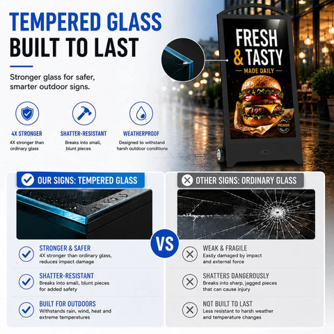 Comparison of tempered glass versus ordinary glass for 43 Inch Outdoor Portable Digital Signage Showing Hella Bright 2000 Nits 2K Android Lcd Monitor.