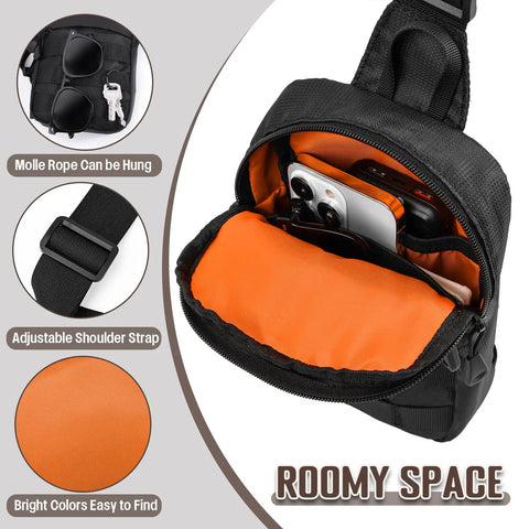 Slim EDC Sling Bag for Men Tactical Waterproof with adjustable strap and orange interior holding phone and keys