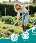 Woman using Adjustable Long Handle Weed Puller With 8 Tines Heavy Duty Design For Quick Weeding In Lawns And Flower Beds