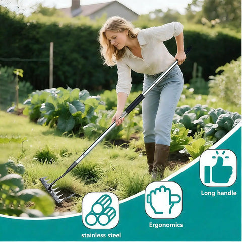 Woman using Adjustable Long Handle Weed Puller With 8 Tines Heavy Duty Design For Quick Weeding In Lawns And Flower Beds