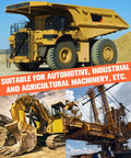 Collage of large yellow mining and construction equipment: dump truck, excavator, and crane.