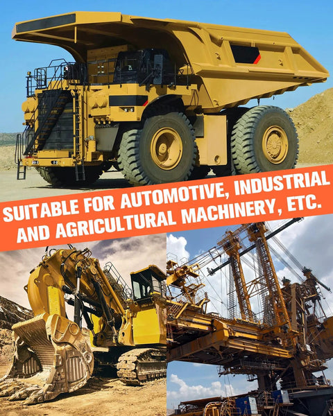 Collage of large yellow mining and construction equipment: dump truck, excavator, and crane.