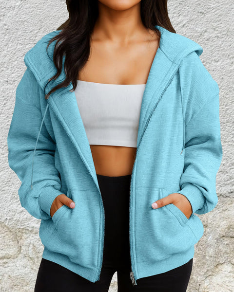 Light Blue Zip Up Hoodie For Women, Ultra Soft Casual Sweatshirt With Long Sleeve Comfort, Premium Ninety Five Percent Polyester Blend