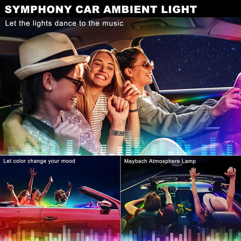 Group enjoying music with Lit Acrylic Interior Car Led Strip Light Kit With Wireless App, RGB 6 In 1, in car.