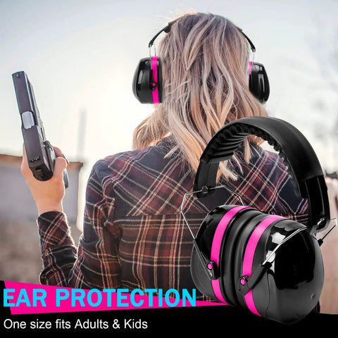 Woman at shooting range wearing All In One Ear Pro Earmuffs And Safety Glasses For Shooting Range Noise Reduction With Anti Fog Scratch Resistant Lenses Carrying Case Included Great For Long Sessions