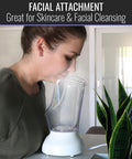 Woman using All In One Face Steamer With Adjustable Facial And Nasal Mask For Sinus Relief Skincare Pore Cleansing plug-in vaporizer