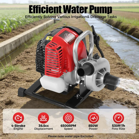 High Flow Gas Water Pump For Garden And Farm 1.6HP 4 Stroke Trash Pump 66 GPM 92 Ft Lift 23 Ft Suction 8 Hour Runtime